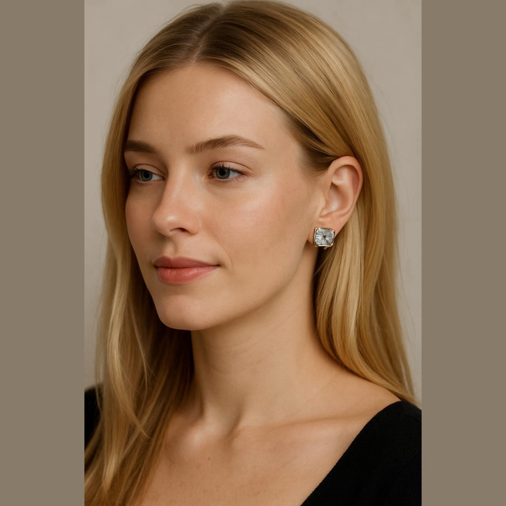 Unbranded Stud Earrings Grey and Silver Faceted Stone